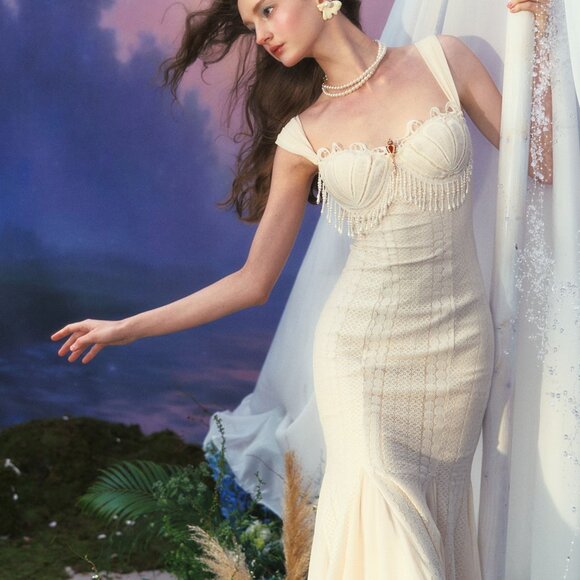 Sirencore Pearl Fringe Mermaid MiNI Gown /Maxi Dress - Picture 1 of 16